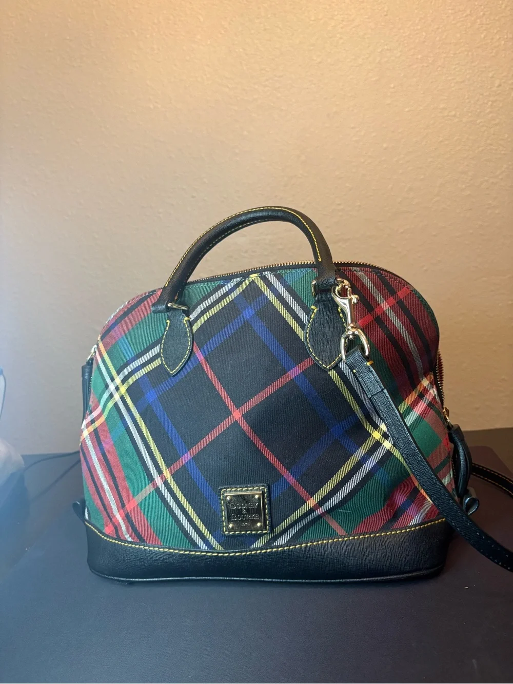 Dooney & Bourke Multicolor Plaid Dome Satchel with Black Trim